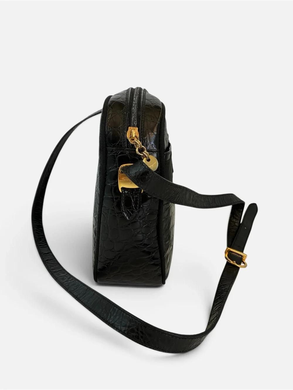 Salvatore Ferragamo Black Croc-Embossed Crossbody with Gold Buckle